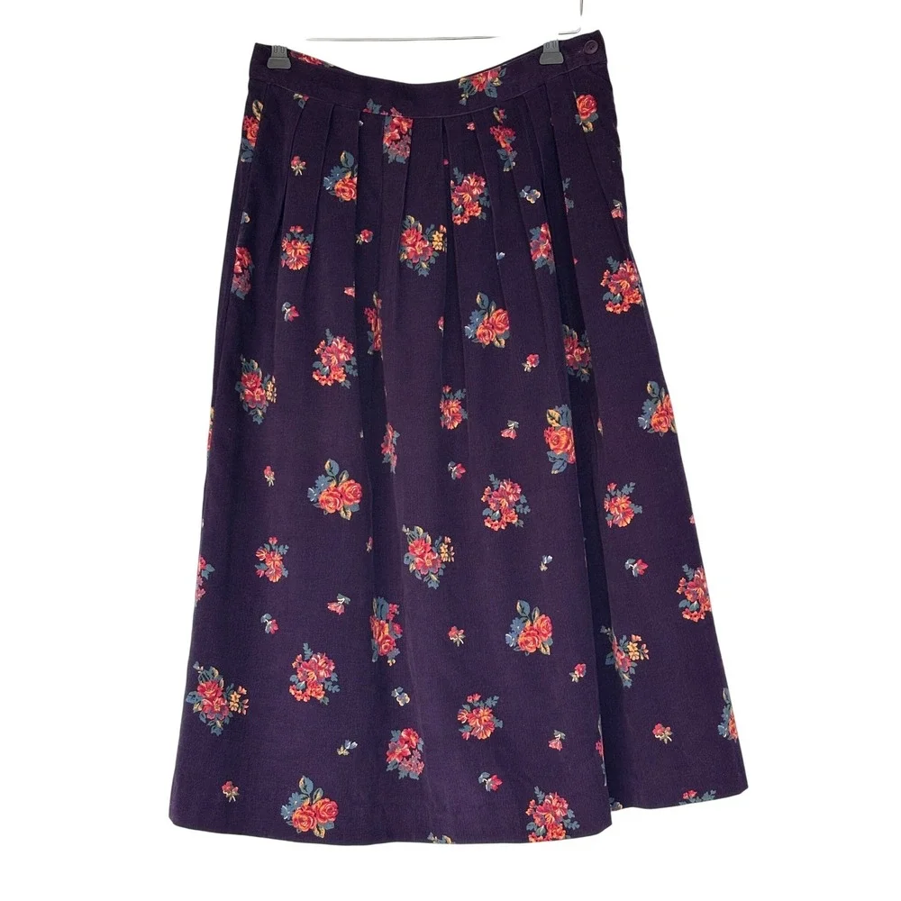 Vintage 90's Purple Floral‎ Corduroy Pleated Midi Skirt Sz 8 Cottagecore